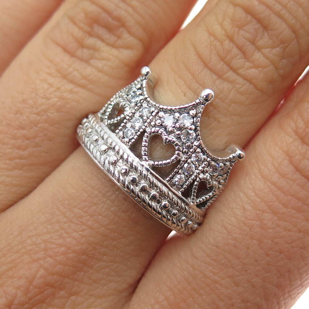 SETA 925 Sterling Silver Round-Cut C Z Heart Tiara Ring Size 7
